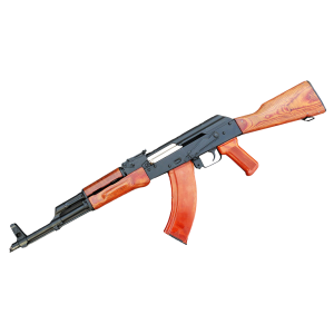 A black and wood AK-47 rifle Or Gun