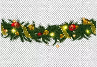 The image depicts a festive Christmas garland, brimming with traditional holiday decorations. The garland is positioned horizontally, creating a sense of continuity and repeating pattern. It is comprised of lush green evergreen branches, interspersed with vibrant red poinsettia flowers, glossy red and gold Christmas ornaments, and rustic brown pine cones. The garland is adorned with sprigs of holly, each bearing clusters of bright red berries, adding a touch of natural beauty and festive cheer.