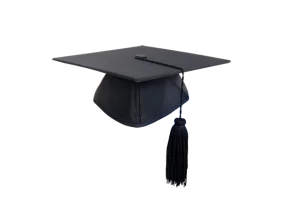 Realistic set of black graduation caps with red tassels PNG