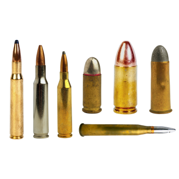 Bullets of different calibers stand in row, ammo