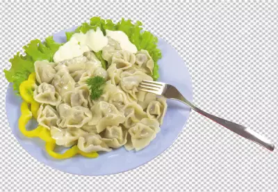 Plate of dumplings dip in sauce on transparent background