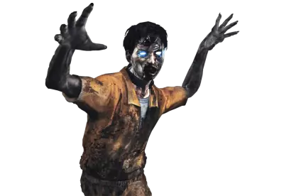 The zombie is in a prison jumpsuit and has its hands raised in the air