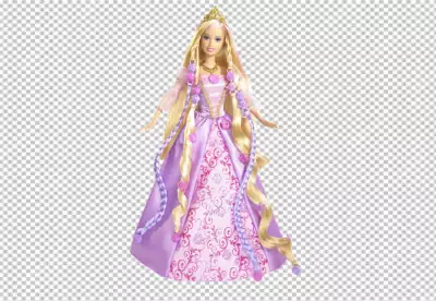 Fashion doll is wearing a beautiful pink and purple gown with a long flowing cape
