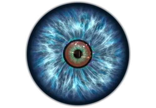 Realistic image of an eye Iris cornea retina with luminous flash Light blue eye transparent background