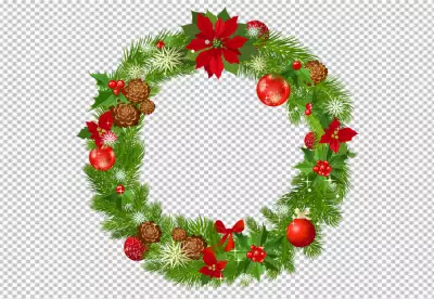 Beautifully crafted Christmas wreath with red bows and green pine needles adorned with red and gold ornaments and topped with a large red bow