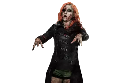 A female zombie in a black leather jacket and green shorts
