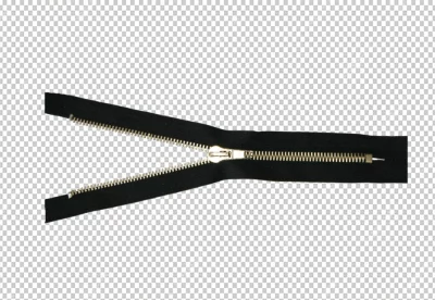 Black and gold zipper against also zipper is closed with the teeth of the zipper halves interlocking precisely