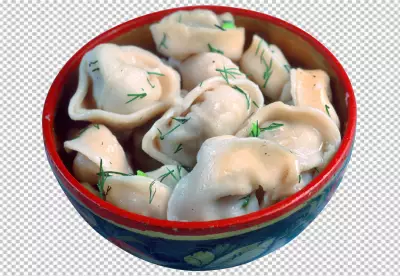 A tray of chinese dumplings with a transparent background.