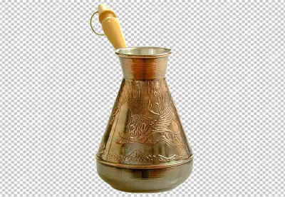 Copper cezve on a gas burner in nature making coffee on the grass transparent background