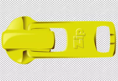 Yellow zipper puller is made of plastic and has the word 