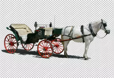 White black color classic carriage with horse transparent background 