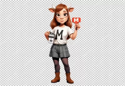Charming Cartoon Cow Girl Character Holding Milk Carton and 'M' Brand Paddle image