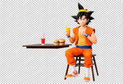 Anime character enjoying a casual fast food meal with burgers and refreshing drinks image