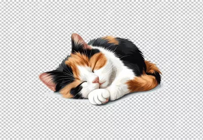 Adorable Calico Cat Sleeping Peacefully, Cute Pet Illustration PNG Download for Design image