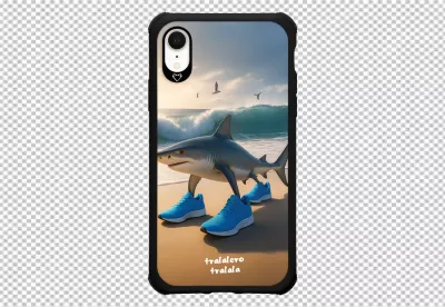 Modern Smartphone Displaying a Humorous Shark in Blue Running Shoes on a Beach image