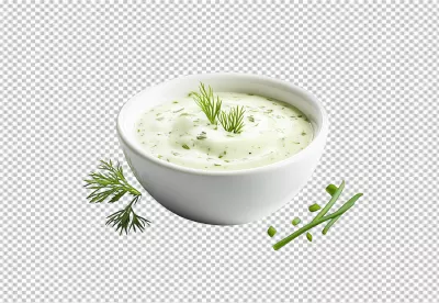 Creamy Dill Sauce in White Bowl with Fresh Herbs PNG Cutout for Culinary Design image