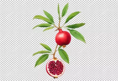 Vibrant Pomegranate Branch with Whole and Halved Fruit, Showing Juicy Seeds image