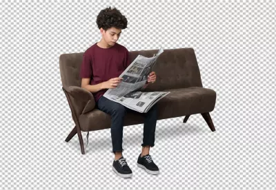 Young man intently reading newspaper on a comfortable brown sofa capturing a moment of focused engagement image