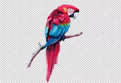 Vibrant Red and Blue Macaw Perched on Branch PNG Cutout for Design image