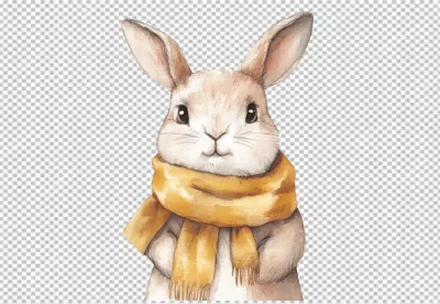 Cute Watercolor Rabbit Wearing Yellow Scarf Festive Winter Animal Art image