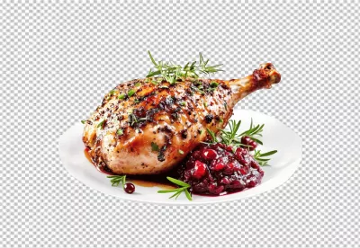 Delicious Roasted Turkey Leg Dinner with Sweet Cranberry Sauce and Fresh Rosemary Garnish image