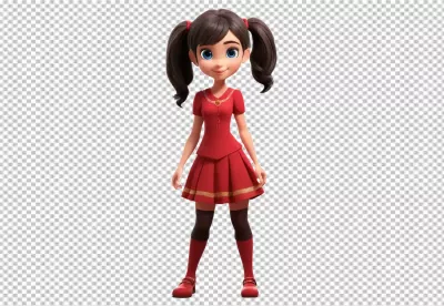 Charming 3D Animated Girl Character with Pigtails in a Stylish Red Dress image