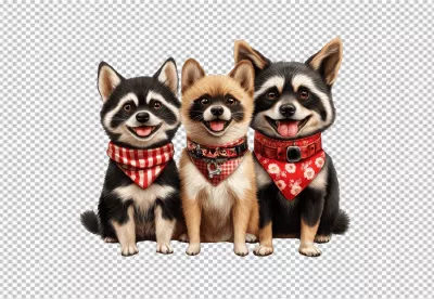 Adorable Puppy Trio Smiling Happily with Festive Bandanas image