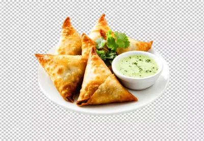 Delicious Golden Fried Samosas with Fresh Green Chutney on White Plate image