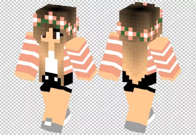 Cute Minecraft Girl Skin with Floral Crown and Peach Striped Outfit image