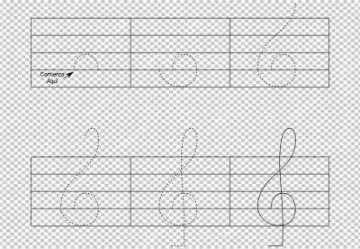 Worksheet for tracing and drawing the treble clef on a music staff