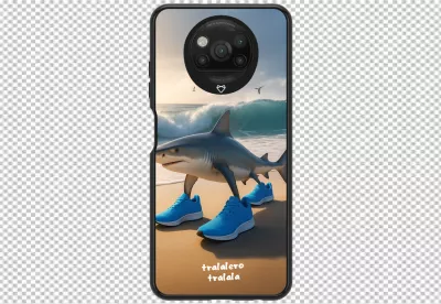 Smartphone Displaying Whimsical Shark Character in Blue Sneakers on a Sunny Beach image