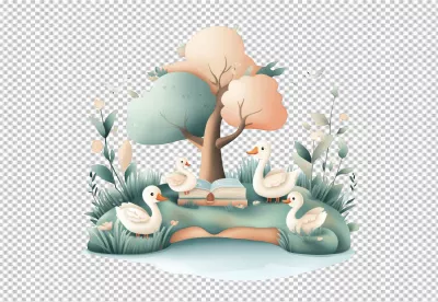Whimsical Cartoon Ducks Reading a Storybook in an Enchanted Nature Scene Illustration image
