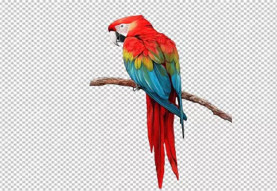 Vibrant Red Macaw Perching on Branch PNG Cutout for Exotic Designs image