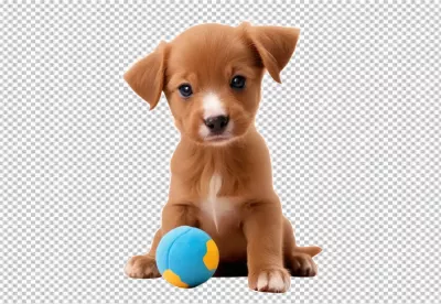 Playful brown puppy with bright blue eyes sitting next to a colorful toy ball image