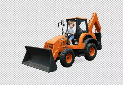 Playful Toddler Boy Pretending to Drive an Orange Construction Backhoe Loader image