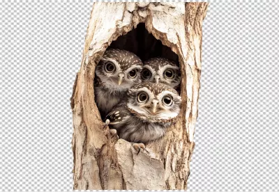 Three Adorable Baby Owls Peeking from Cozy Tree Nest Wildlife PNG Image image