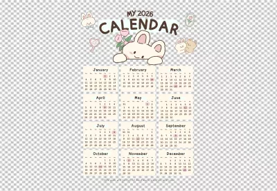Adorable 2026 Yearly Calendar with Cute Cartoon Bunnies and Motivational Quote on Black Background image