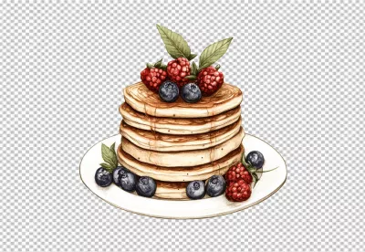 Delicious Watercolor Stack of Golden Pancakes with Fresh Blueberries and Raspberries image