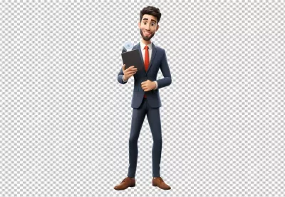 Smiling 3D Animated Businessman Presenting Innovative Idea on Digital Tablet image