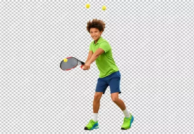 Energetic young boy hitting tennis ball with racket, smiling brightly on white background. image
