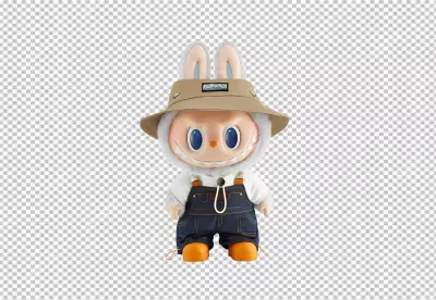 Whimsical Bunny-Eared Monster Toy in Denim Overalls and Bucket Hat image