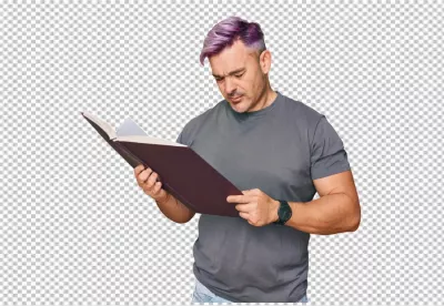 Concentrated Man with Purple and Grey Hair Intently Reading a Large Book image