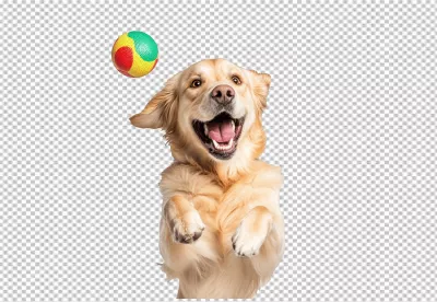 Happy Golden Retriever Dog Jumping to Catch Ball Playful Pet PNG image