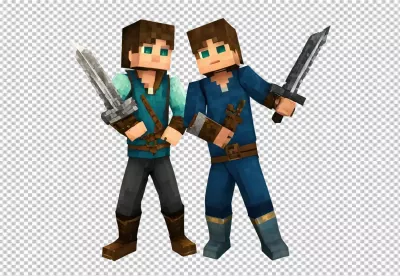Minecraft-Inspired Blocky Adventurers with Swords on White Background image