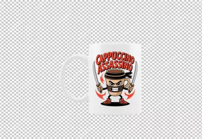 Humorous White Ceramic Coffee Mug with Cappuccino Assassin Character Design image