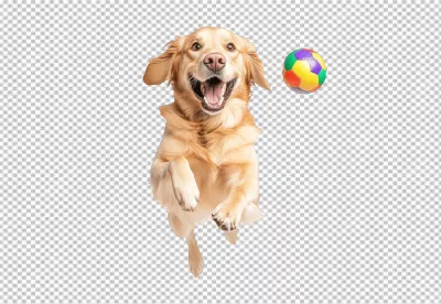 Happy Golden Retriever Dog Joyfully Jumping to Catch a Colorful Ball image