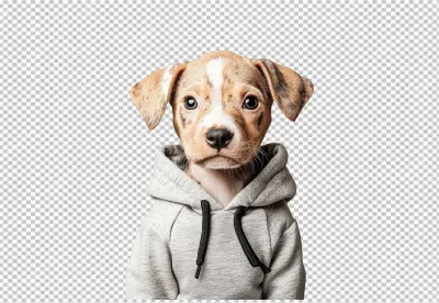 Adorable Puppy Wearing Grey Hoodie Looking Directly at Camera image