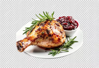 Delicious Roasted Chicken Leg with Fresh Rosemary and Cranberry Sauce Festive Meal Appetizer image