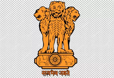 The Ashoka Pillar, India's national emblem, featuring lions and the motto 'Satyameva Jayate'.