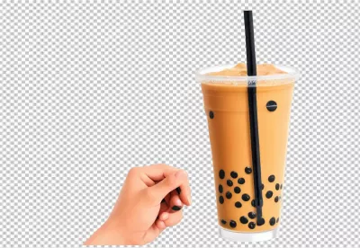 Hand holding refreshing bubble tea drink with tapioca pearls on transparent background image